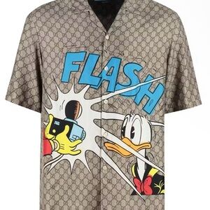 Gucci X Disney Brown GG Donald Duck 'Flash' Print  Silk Shirt 44 (US XS)
